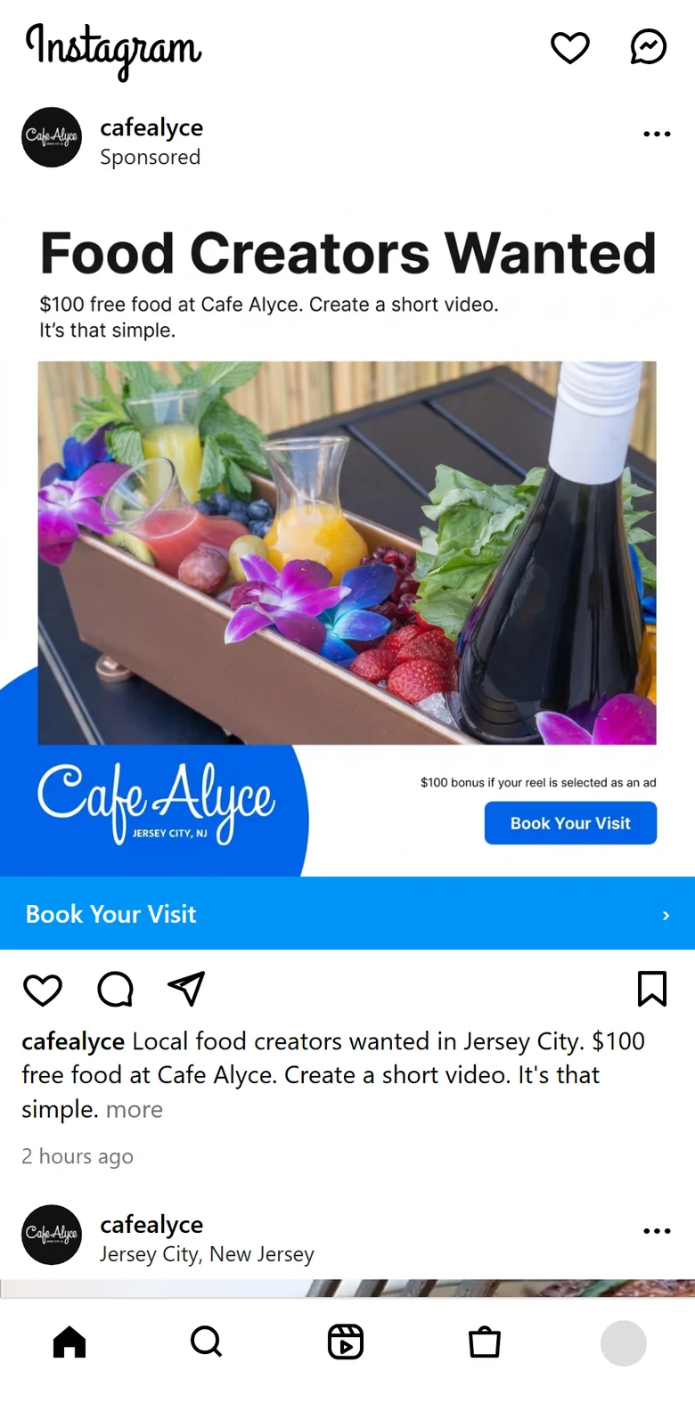 A sponsored Instagram post from Cafe Alyce recruiting local food creators, with a Book Your Visit button