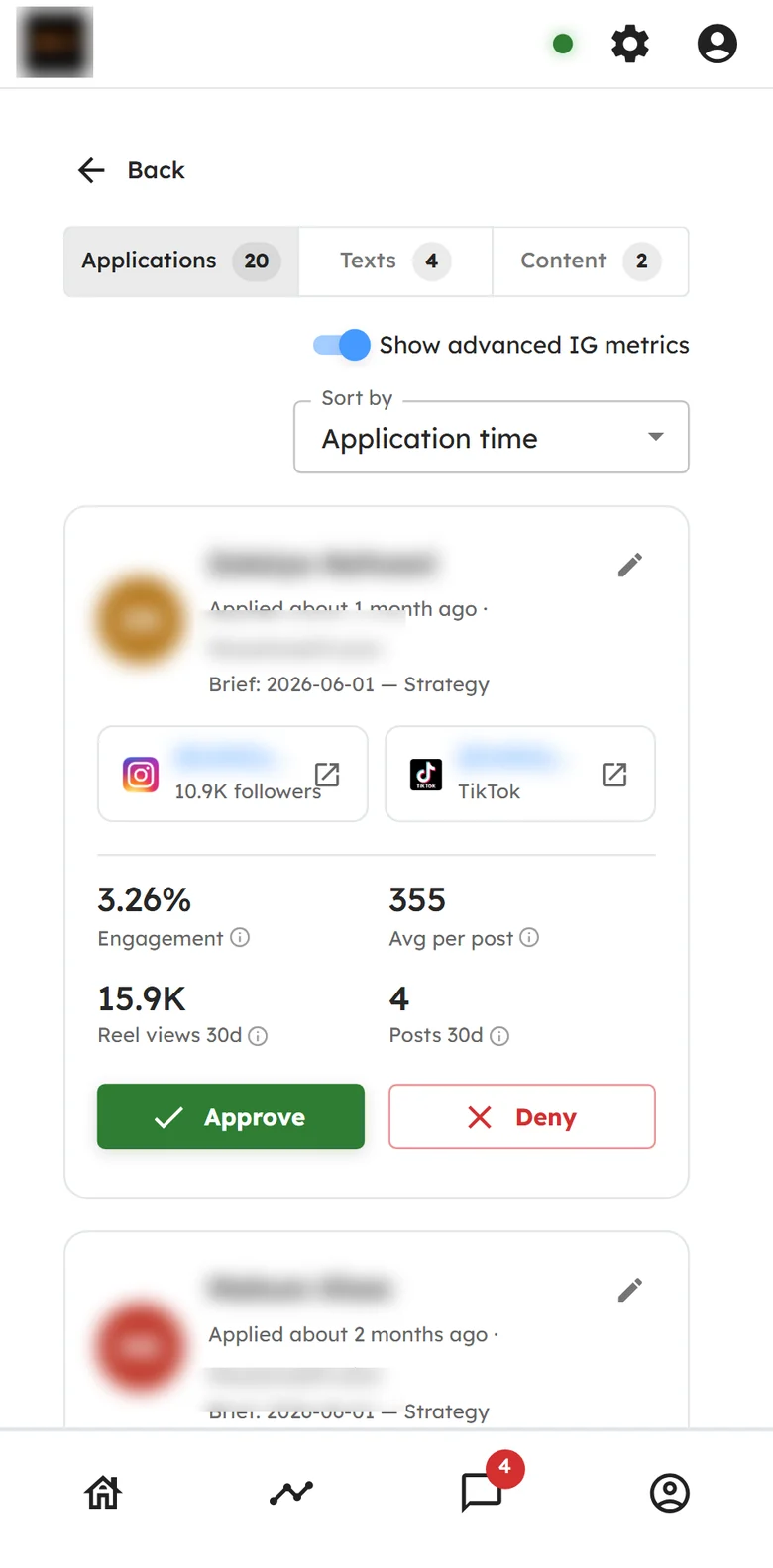 Influencer applications in the Remy app on a phone, with followers, engagement and approve or deny buttons