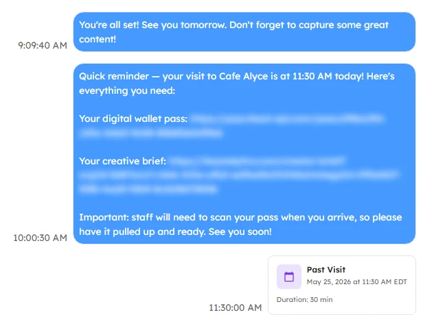 Remy reminder asking an influencer to have their pass scanned at check-in