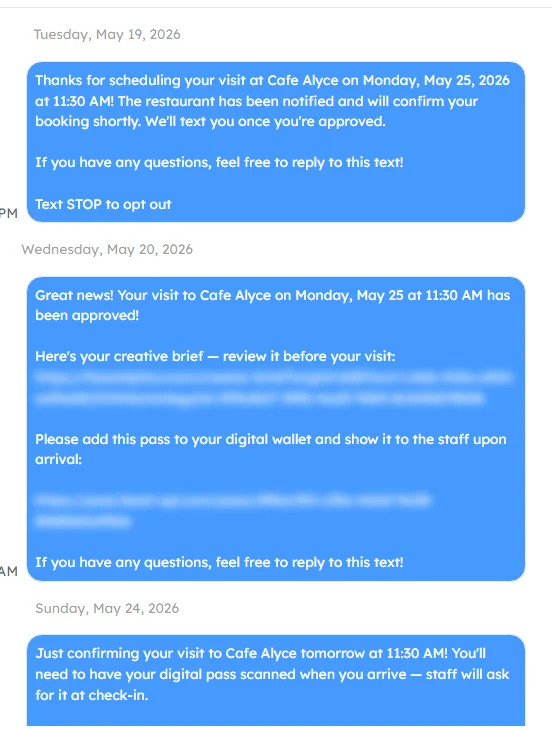 Remy texting an creator to confirm a visit and send the brief